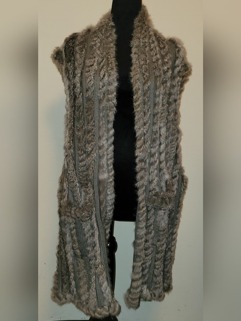 Love Token Faux Fur Knit Long Vest in Gray